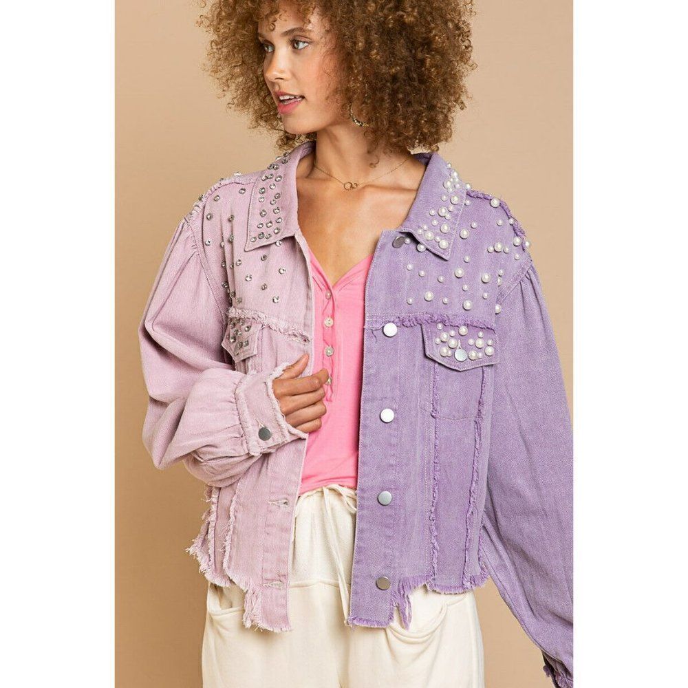 POL CLOTHING Lilac Pink Pearl Diamond Studded Half and Half Denim Jacket FWJ160A - Picture 5 of 12